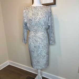 Liz Claiborne Cream and Gray Paisley Midi Sheath Dress